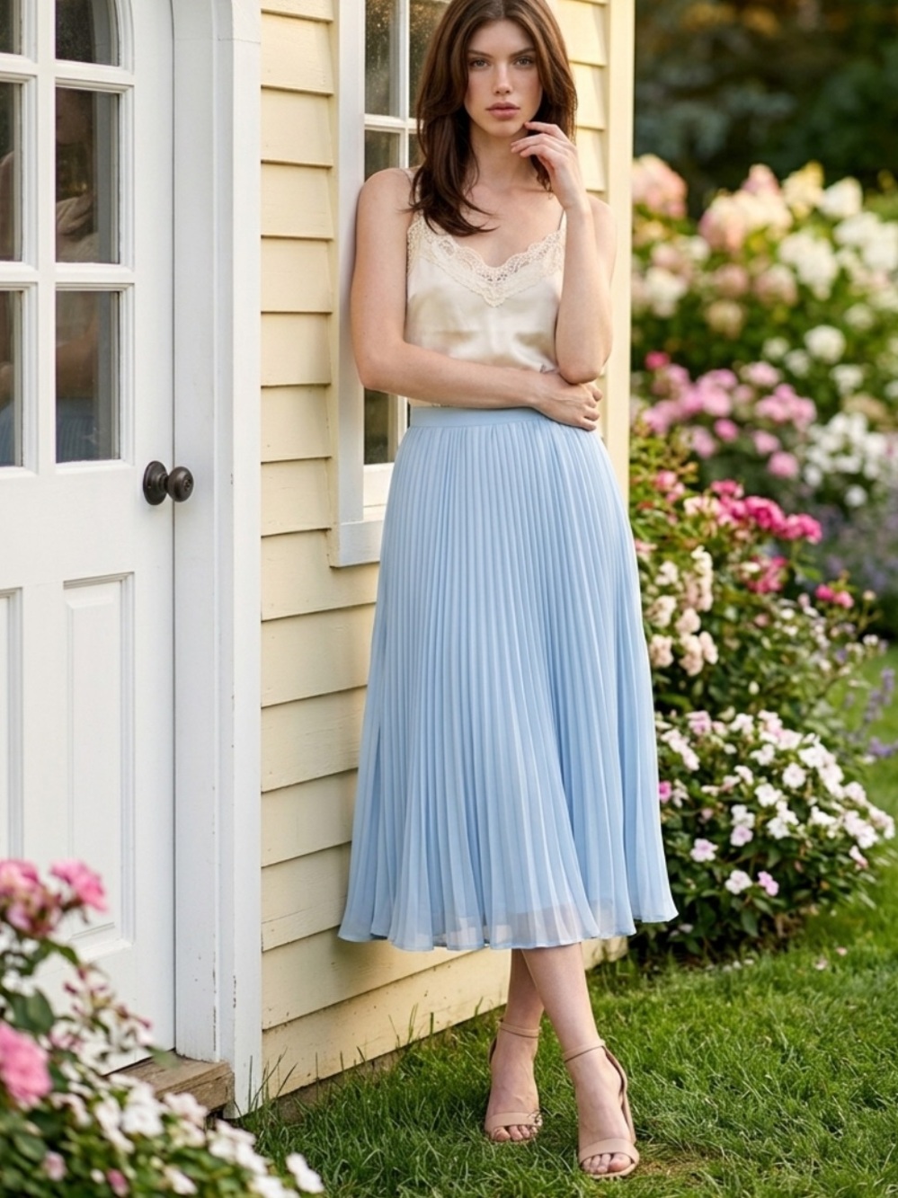 English baby blue midi pleated skirt